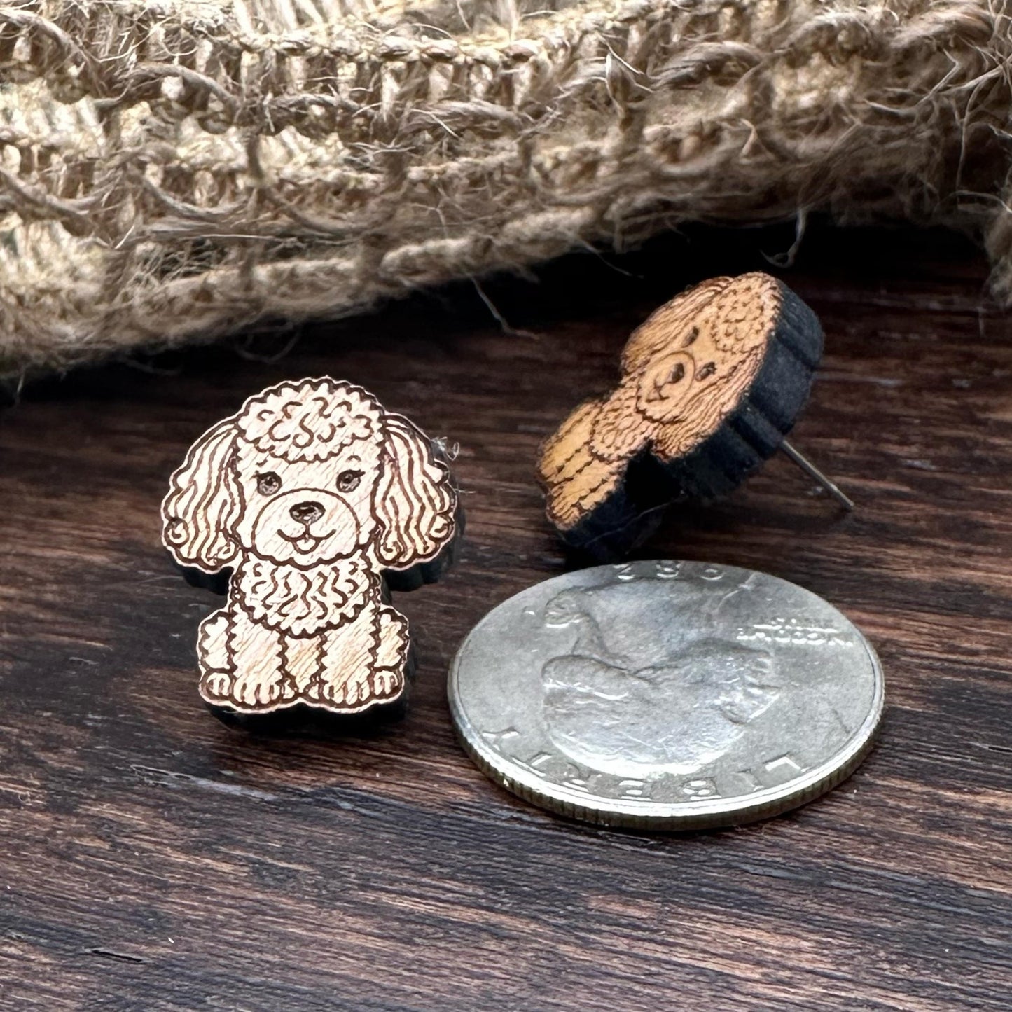 Cherrywood Poodle Earrings in a wood gift box