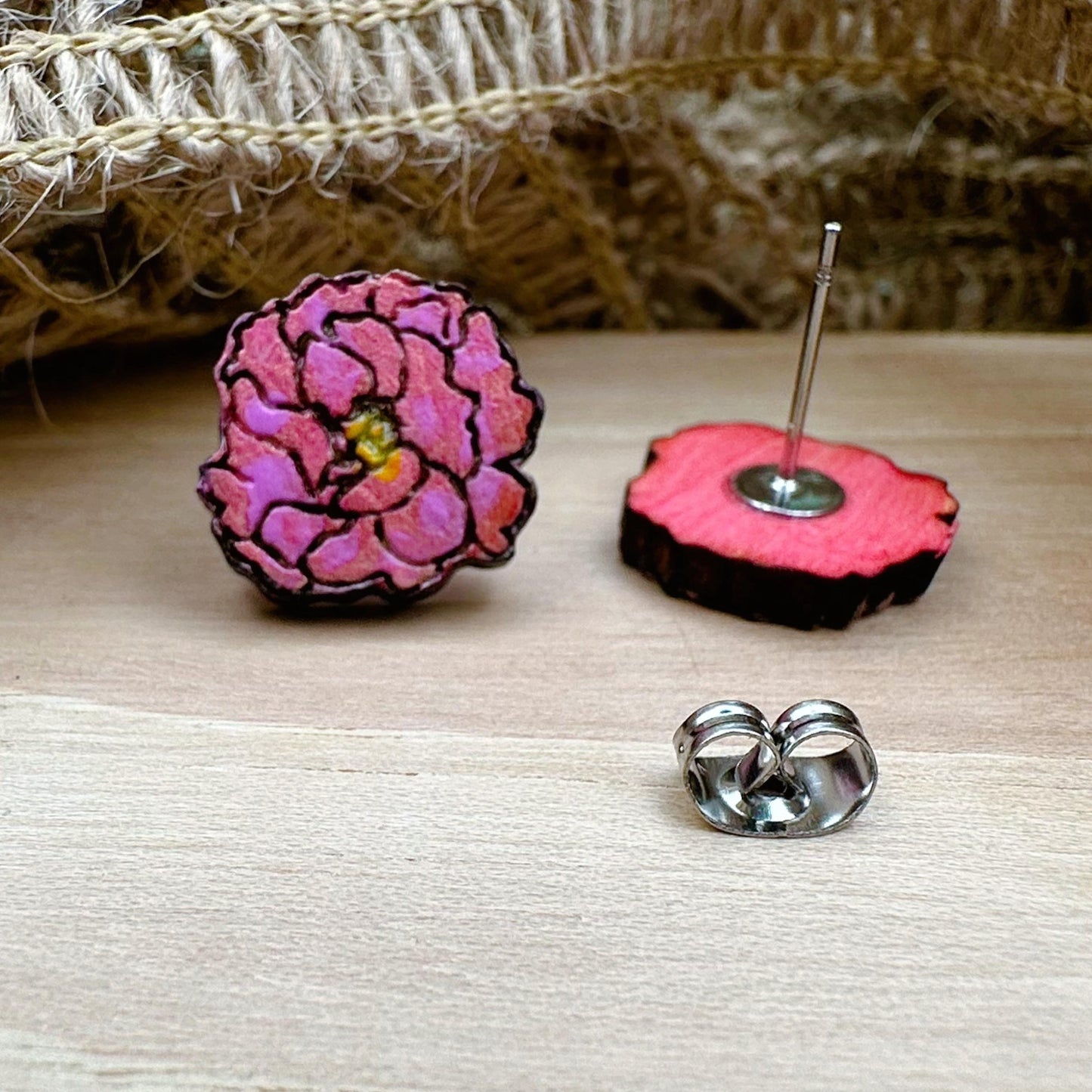 Peony Stud Earrings in a wood gift box