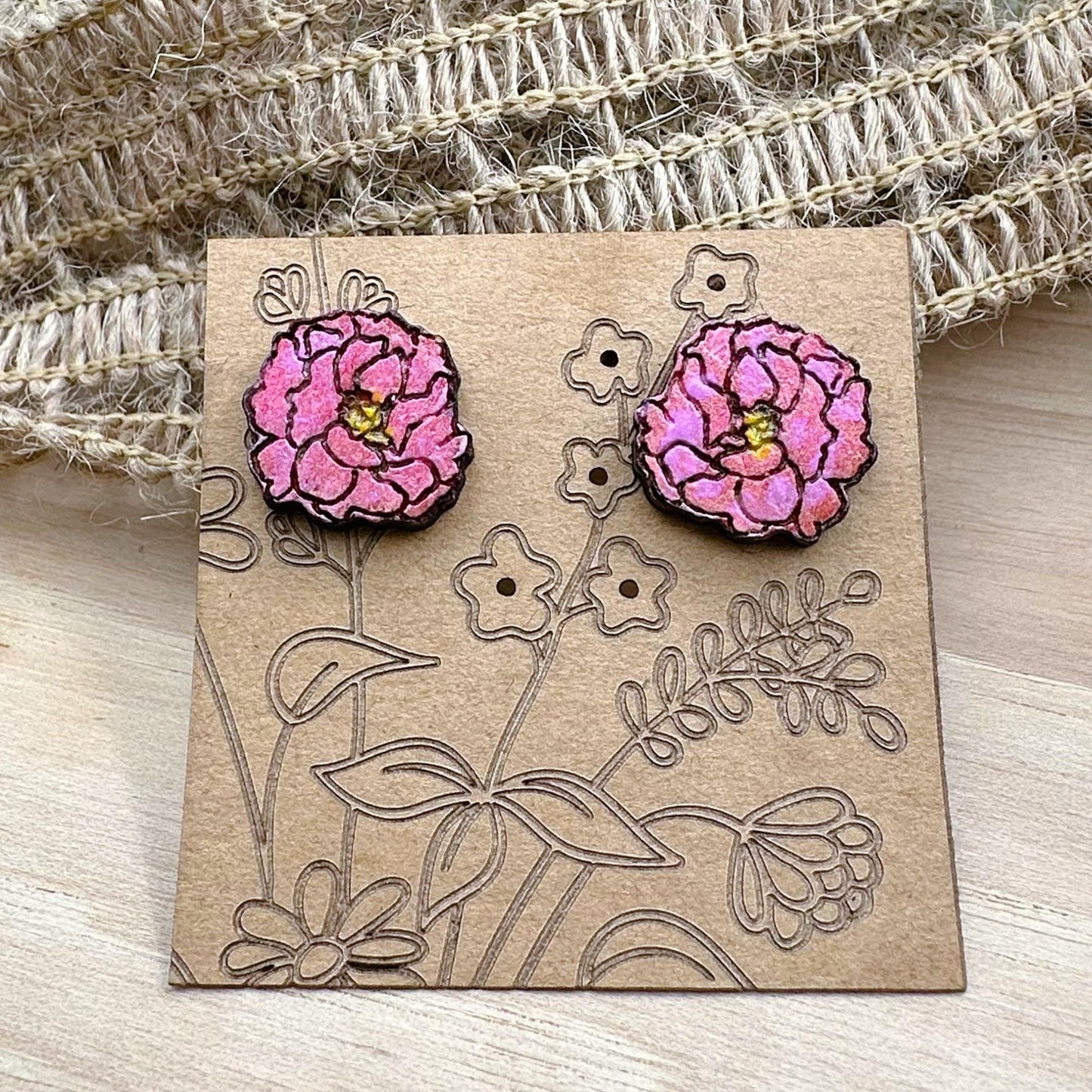 Peony Stud Earrings in a wood gift box