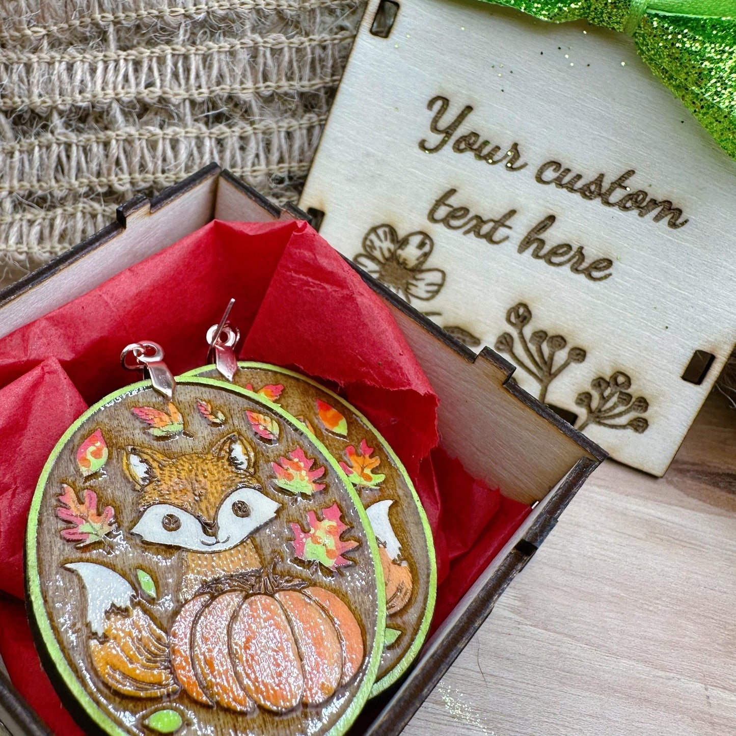 Fall Fox Dangle Earrings in a wood gift box