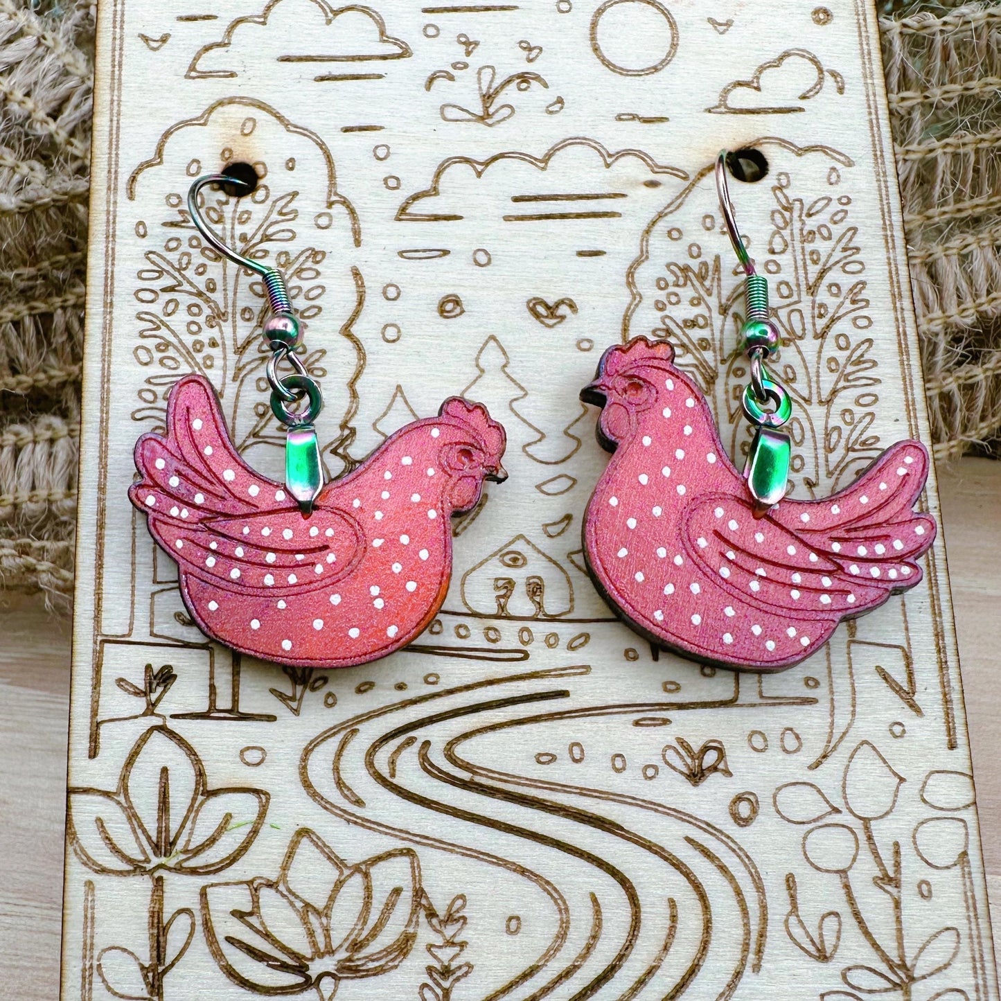 Colorshift Polkadot Chicken Earrings in a wood gift box