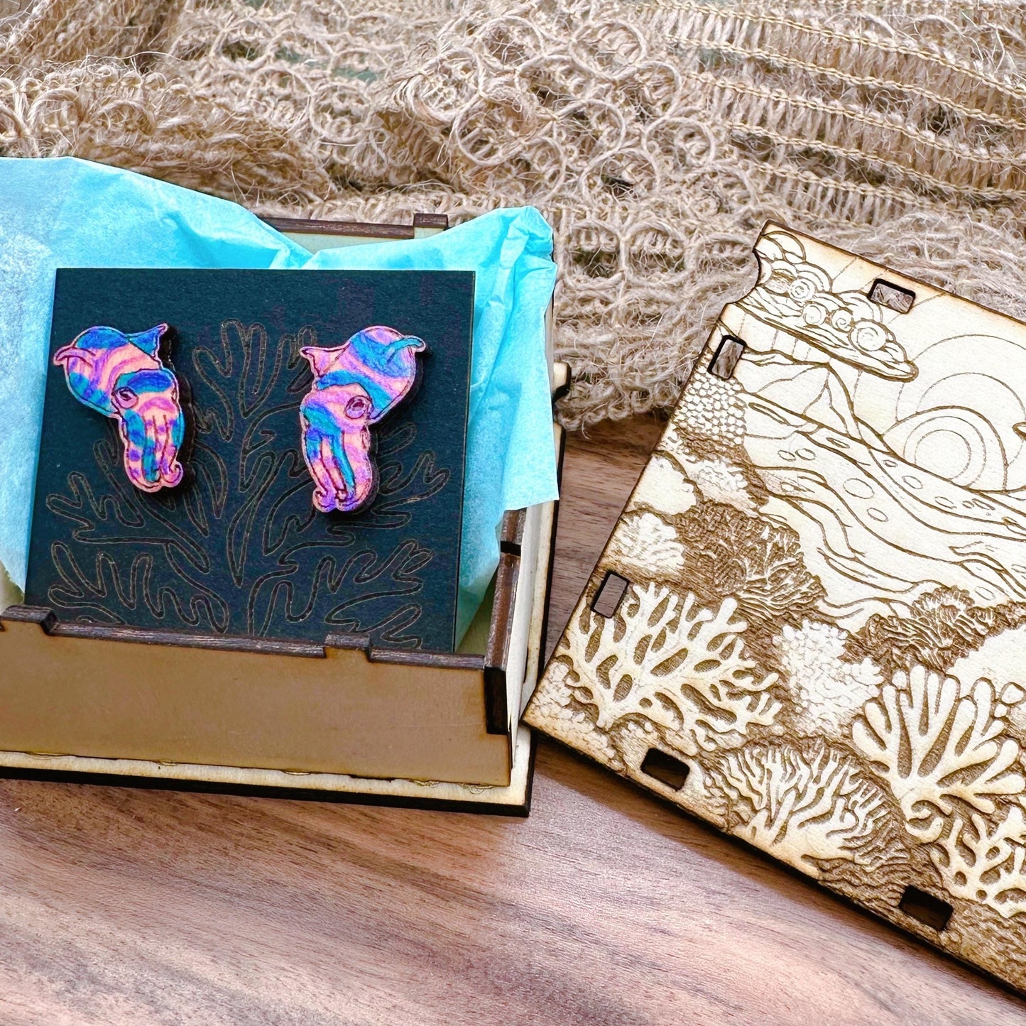 Cuttlefish Earrings in a wood gift box