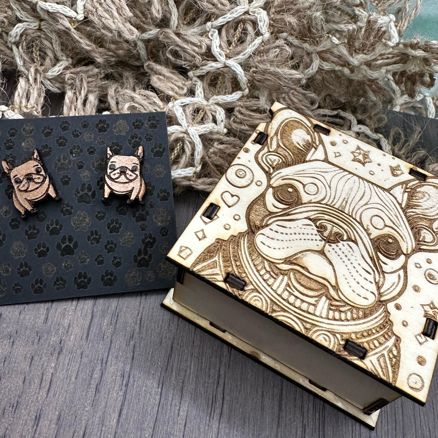 French Bulldog Earrings in wood gift box